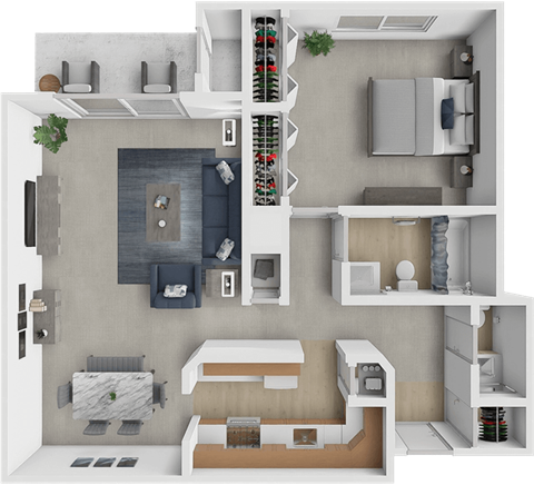 A 3D floor plan of a modern apartment with a kitchen, living room, and bedrooms.