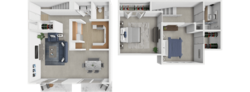 Two images of a room with a bed, a couch, a table, and a bookshelf.