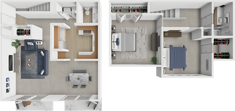 Two images of a room with a bed, a couch, a table, and a bookshelf.