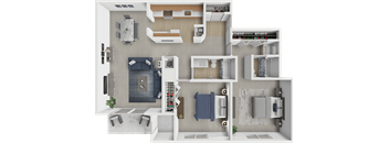 A 3D floor plan of a house showing a kitchen, living room, and bathrooms.