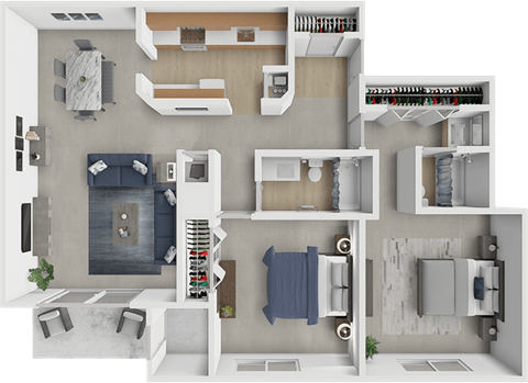 A 3D floor plan of a house showing a kitchen, living room, and bathrooms.