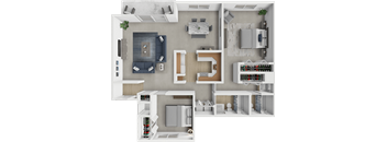 A 3D floor plan of a house with a kitchen, living room, and bathroom.