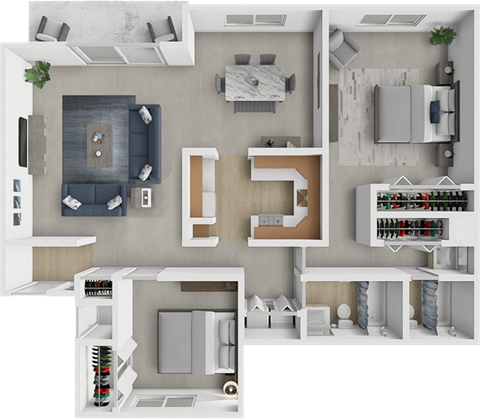 A 3D floor plan of a house with a kitchen, living room, and bathroom.