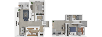 A 3D floor plan of a house with two bedrooms, a living room, a kitchen, and a bathroom.