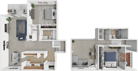A 3D floor plan of a house with two bedrooms, a living room, a kitchen, and a bathroom.