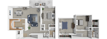 A 3D floor plan of a two-bedroom apartment with a living room, kitchen, and bathroom.
