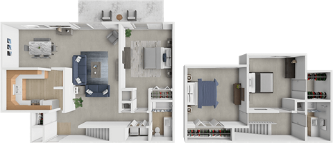 A 3D floor plan of a two-bedroom apartment with a living room, kitchen, and bathroom.