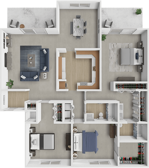 A detailed 3D floor plan of a house showing all rooms and their layouts.