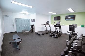 A gym with treadmills, weights, and exercise equipment.