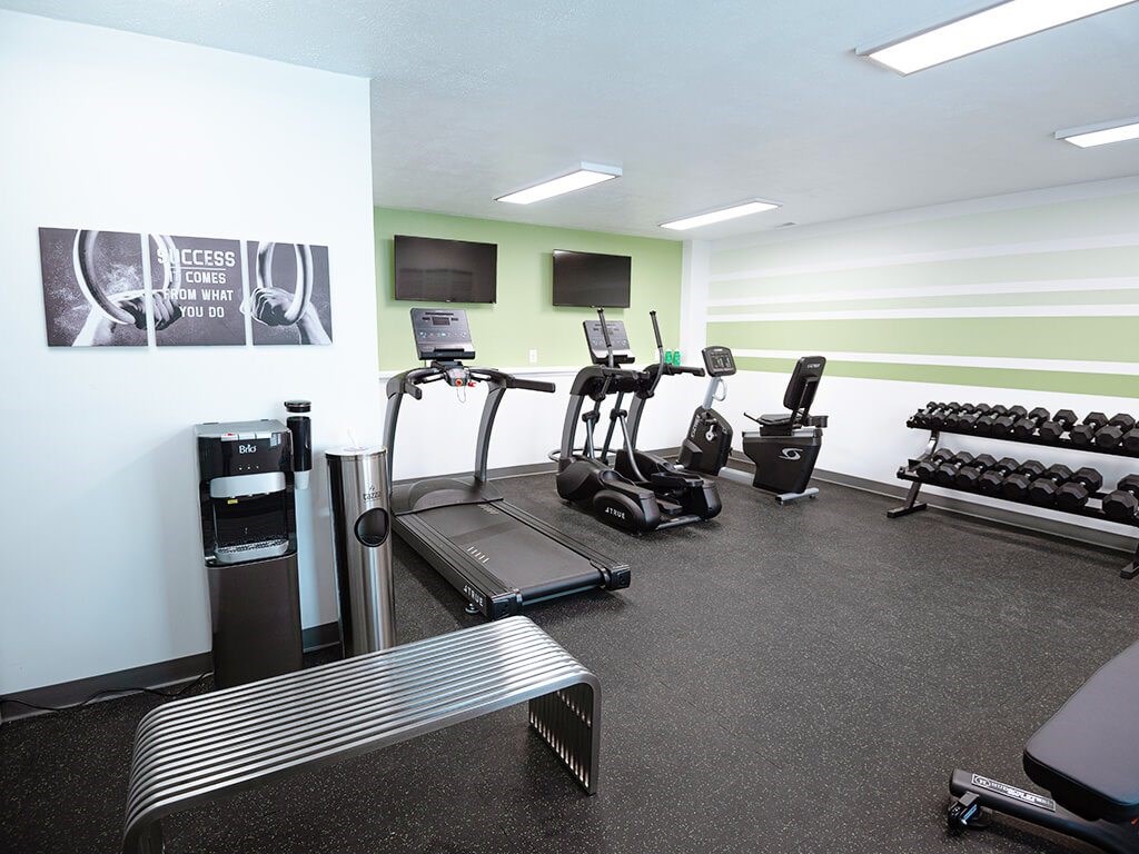 A gym with treadmills, weights and exercise equipment.