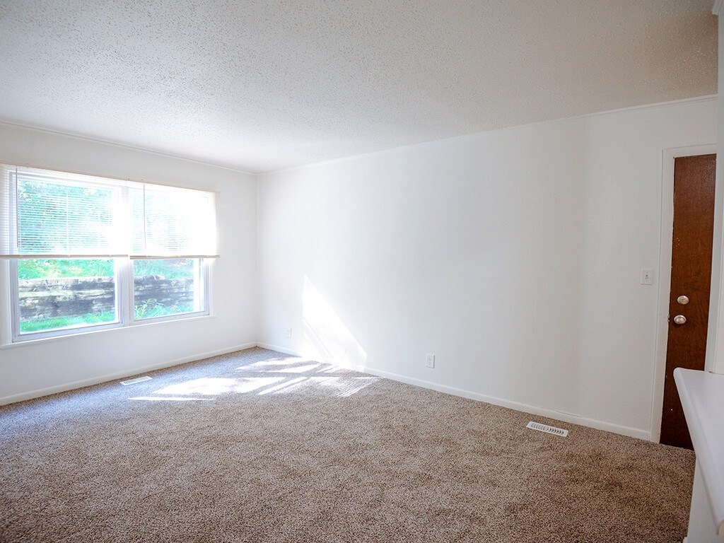 A room with a carpeted floor and a window letting in sunlight.