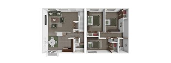 A 3D image of a small apartment with a kitchen, living room, and bedroom.
