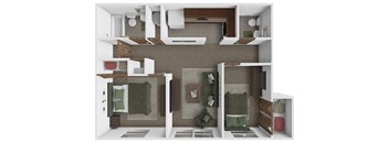 A 3D floor plan of a small apartment with two bedrooms and a kitchen.