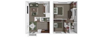 A diagram of a small apartment with a kitchen and a living room.