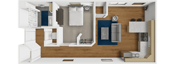 A 3D rendered image of a kitchen interior.