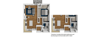 A diagram shows two layouts of a room with different bathroom and laundry arrangements.