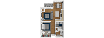 A 3D floor plan of a small apartment with a kitchen, living room, and bedroom.