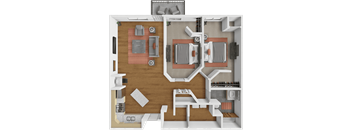 A 3D rendered image of a house layout with two bedrooms, a living room, a kitchen, and a bathroom.