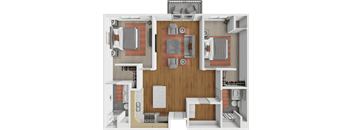 A 3D floor plan of a house layout.