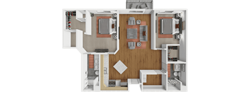 A 3D floor plan of a house showing the layout of the rooms.