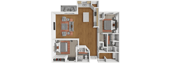 A 3D rendered image of a small apartment layout.
