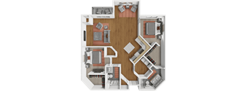 A 3D layout of a house with a kitchen, living room, and two bedrooms.