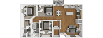 A 3D rendered image of a modern apartment layout.