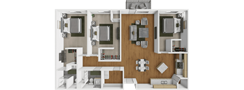 A 3D rendered image of a modern, minimalist room layout.
