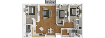 A 3D floor plan of a house showing a kitchen, living room, and two bedrooms.