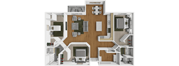 A 3D rendered image of a house layout.