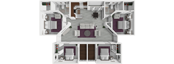 A 3D floor plan of a house with multiple rooms and furniture.