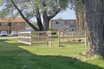 A wooden fence with a sign that says "PARK" stands in a grassy area.