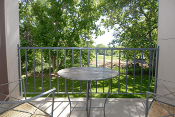 A patio with a table and chairs overlooking a grassy area.