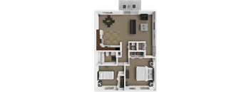 A 3D rendered image of a small apartment layout.
