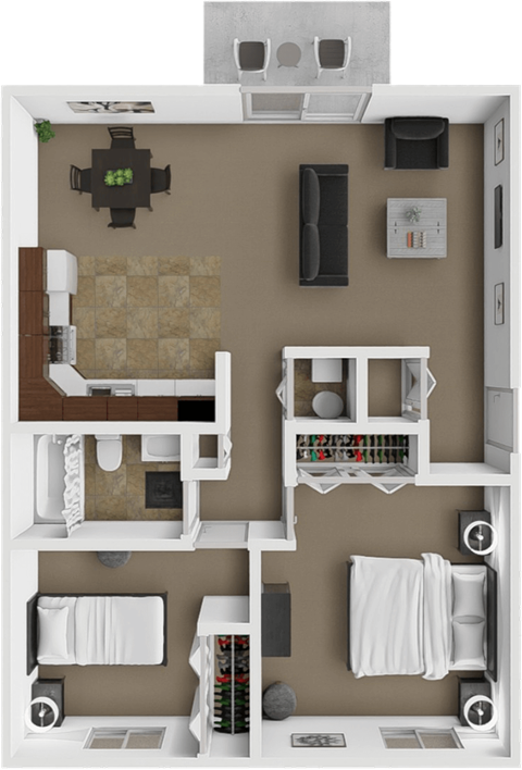 A 3D rendered image of a small apartment layout.