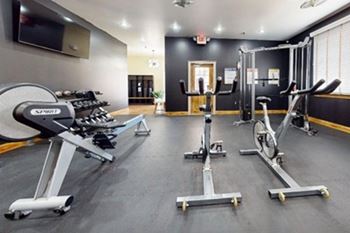 A gym with a row of treadmills and exercise bikes.