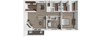 A top-down view of a house interior with a kitchen, living room, and bathroom.
