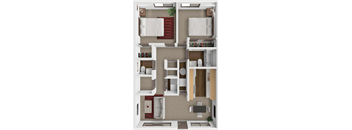 A 3D floor plan of a 2 bedroom 1.5 bathroom home in Wichita, KS