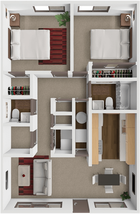 A 3D floor plan of a 2 bedroom 1.5 bathroom home in Wichita, KS
