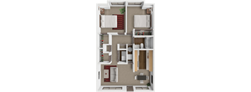 A 3D floor plan a 2 bedroom 1 bathroom home at springcreek apartments in Wichita, KS