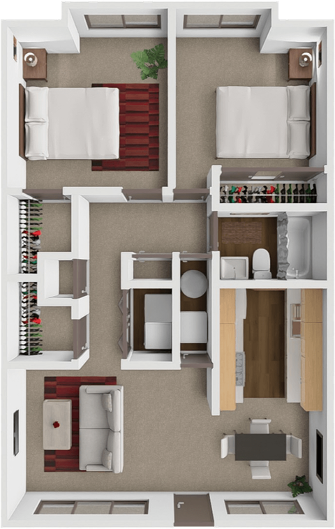A 3D floor plan a 2 bedroom 1 bathroom home at springcreek apartments in Wichita, KS