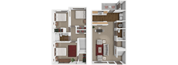 a 3D floor plan of a 3 bedroom townhome with 1.5 bathrooms at springcreek in Wichita, KS