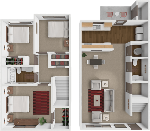 a 3D floor plan of a 3 bedroom townhome with 1.5 bathrooms at springcreek in Wichita, KS