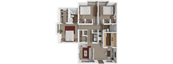 A 3D floor plan of a 3 bedroom 2 bathroom apartment at springcreek apartments