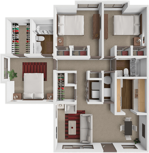 A 3D floor plan of a 3 bedroom 2 bathroom apartment at springcreek apartments