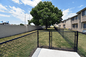 A black fence surrounds a dog park at springcreek apartments.