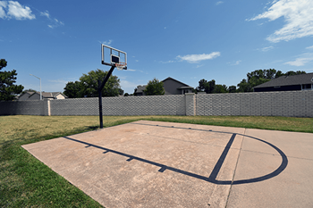 A basketball court with a hoop and a backboard.