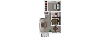 A 3D floor plan of a small apartment with a kitchen, living room, and bathroom.