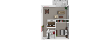 A 3D rendered image of a small apartment layout with a living room, kitchen, and bedroom.