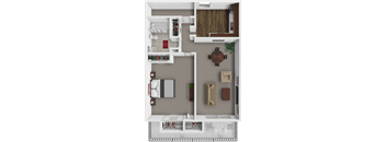 A 3D floor plan of a house with a kitchen, living room, and bathroom.